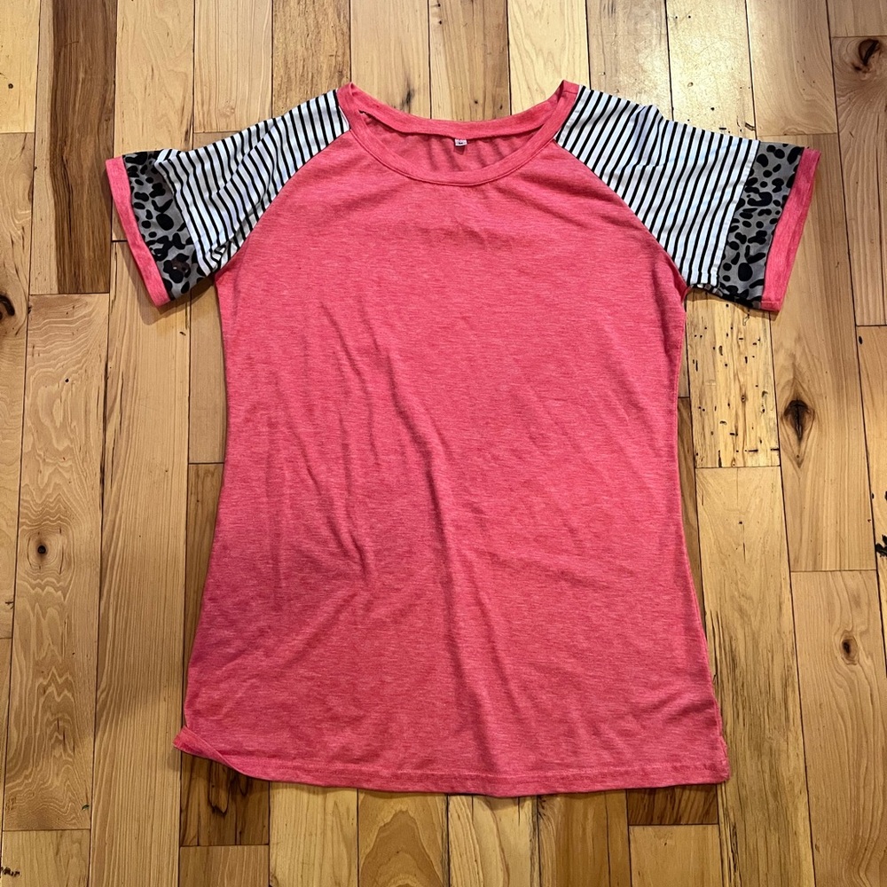 Pink T-Shirt with Striped and Leopard Sleeves